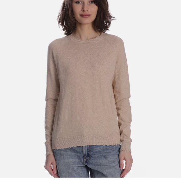 Minnie Rose Cotton Cashmere Frayed Edge Lightweight Crew Sweater in Lotus size S - Picture 1 of 8